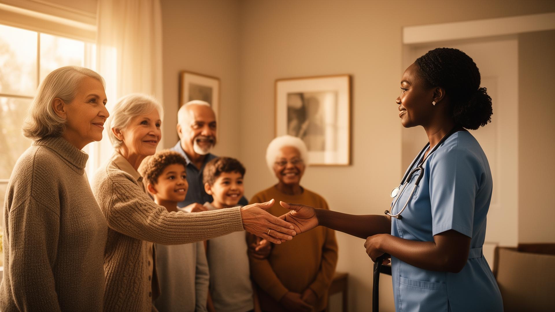 Healthcare worker greeting a family at home